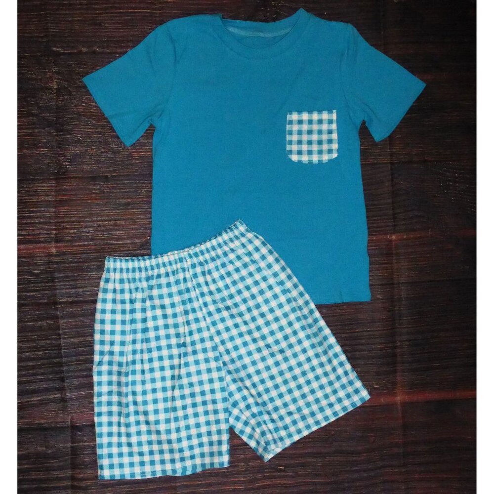 Boutique Blue Pocket Shirt Boys Plaid Shorts Outfit Set